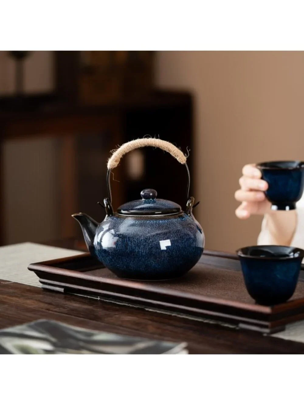 Blue Japanese Ceramic Kitchen Teapot with Infuser 25 OZ/750ml Stainless Filter